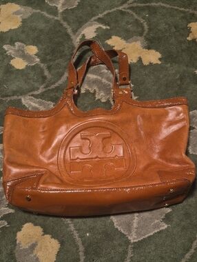 Tory Burch Cognac Leather Logo Tote